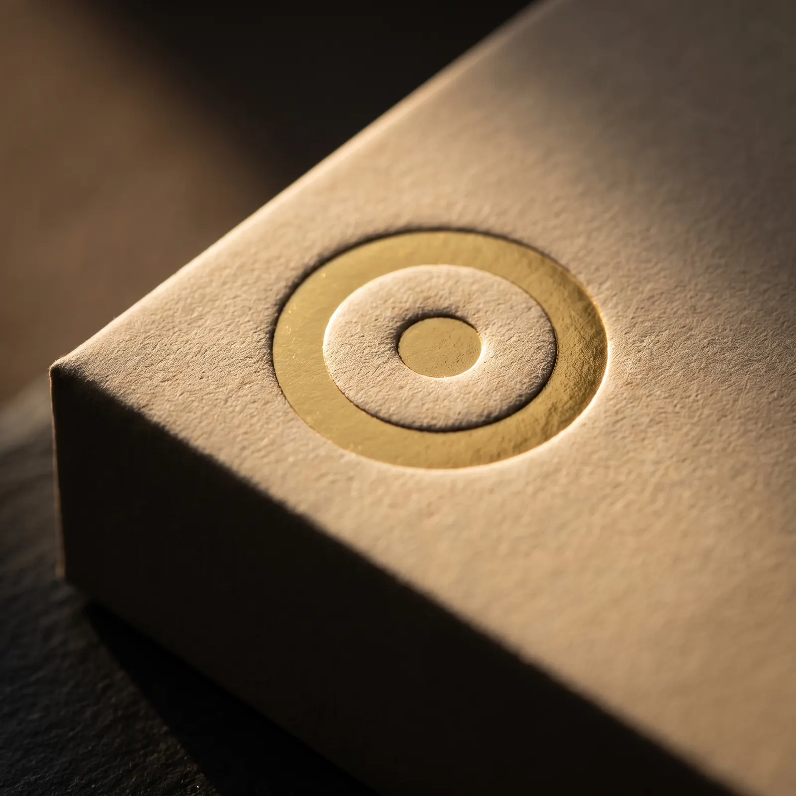 Macro of gold hot foil in a shallow deboss on sand uncoated rigid-box wrap, raking light