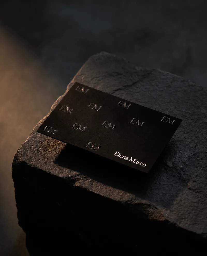 Black soft-touch business card with repeating EM monogram in raised clear gloss, white foil name