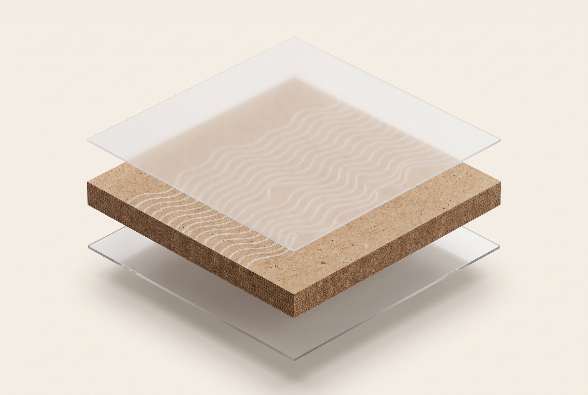 Exploded view of kraft-face carton board: unbleached brown board between polyethylene films.