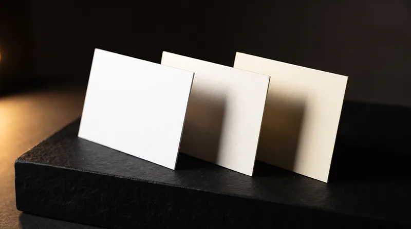 Three cotton business card stocks side by side: bright white, then natural white and ivory, the warm shades people choose for beige business cards