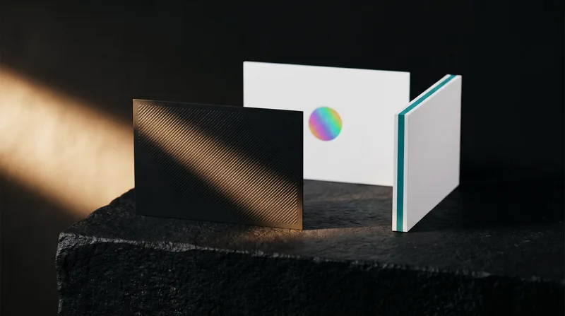 Modern business cards on black stone: a black soft-touch card with a raised gloss line pattern, a square white card with one foil dot, and a white card with a coloured core in its edge