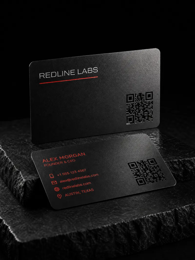 Frosted black metal business card with a red enamel-filled QR cut, one of forty-one metal explorations