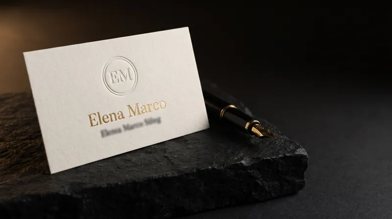 Public notary business card on ivory cotton with a gold foil name and a blind embossed circular emblem, a pen beside it