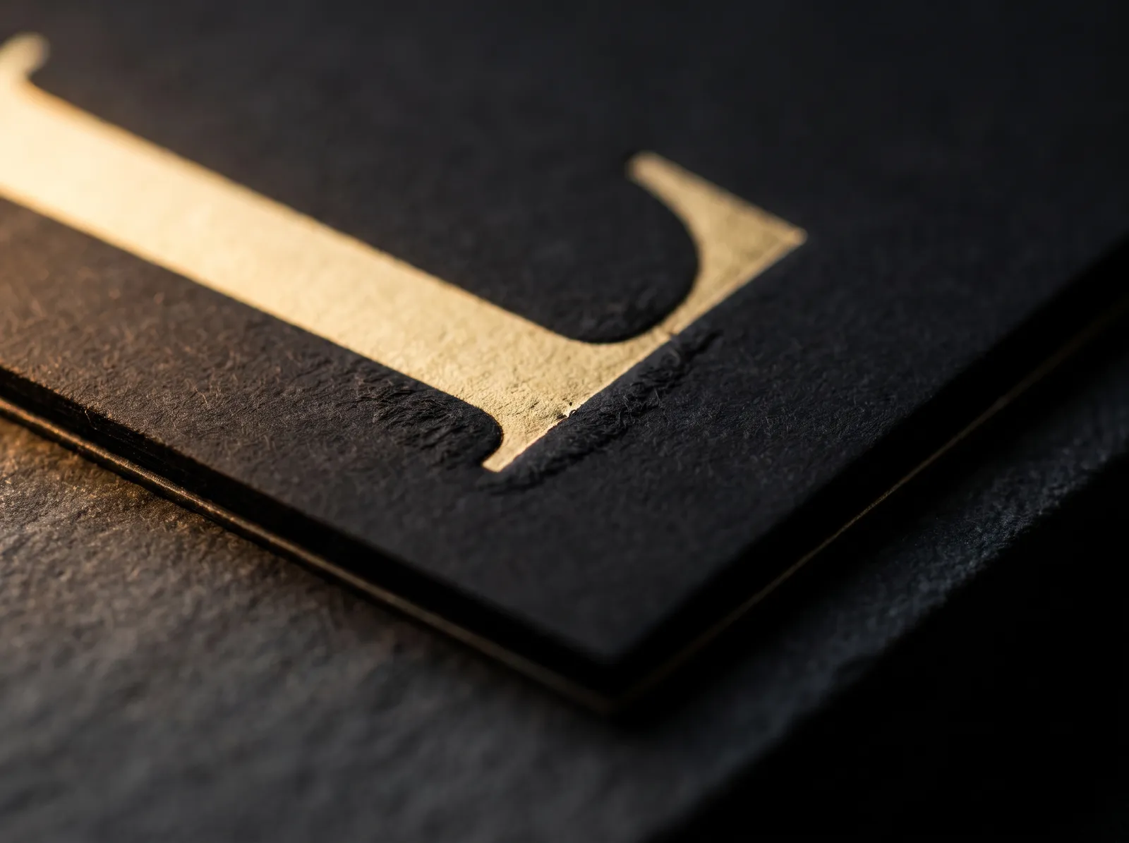 Black business cards with gold foil, macro: gold foil stamped into black uncoated paper, fibres compressed at the edge of the foil