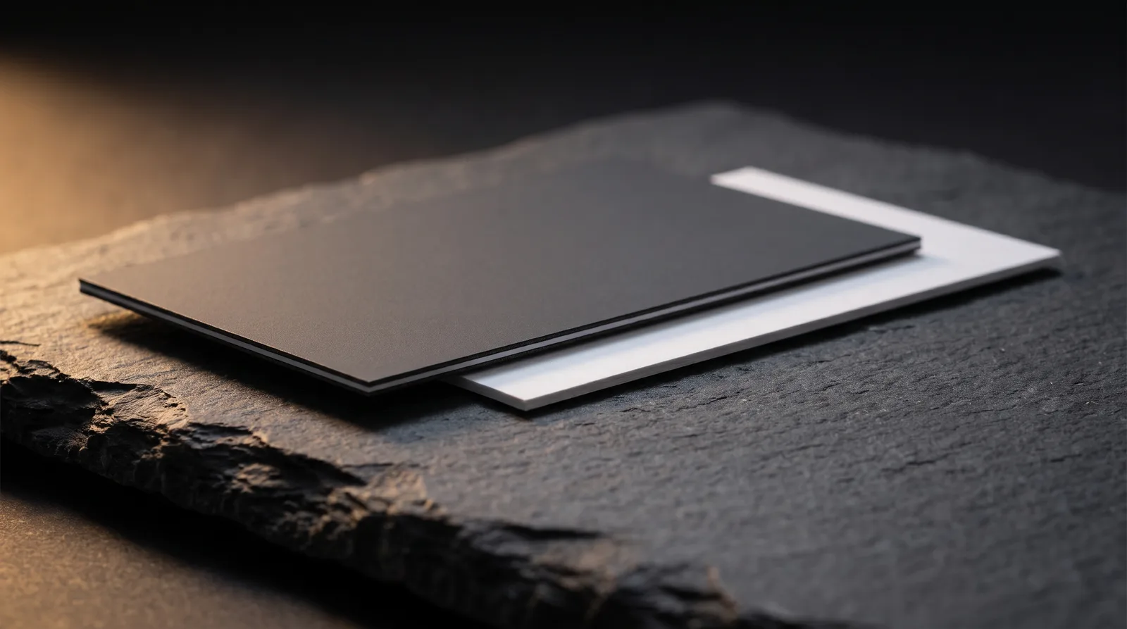 Edge of a charcoal soft touch card showing white paper core above a white matte card