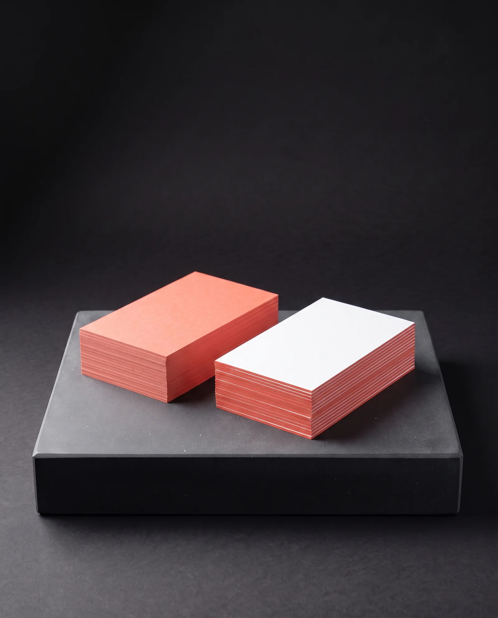 Coral colour-through stock beside white cards with a coral painted edge.