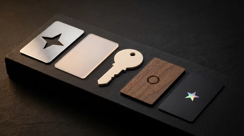 Cool looking business cards on a black stone plinth: a laser-cut steel card, a frosted plastic card, a key-shaped die-cut card, a walnut card and a holographic foil card