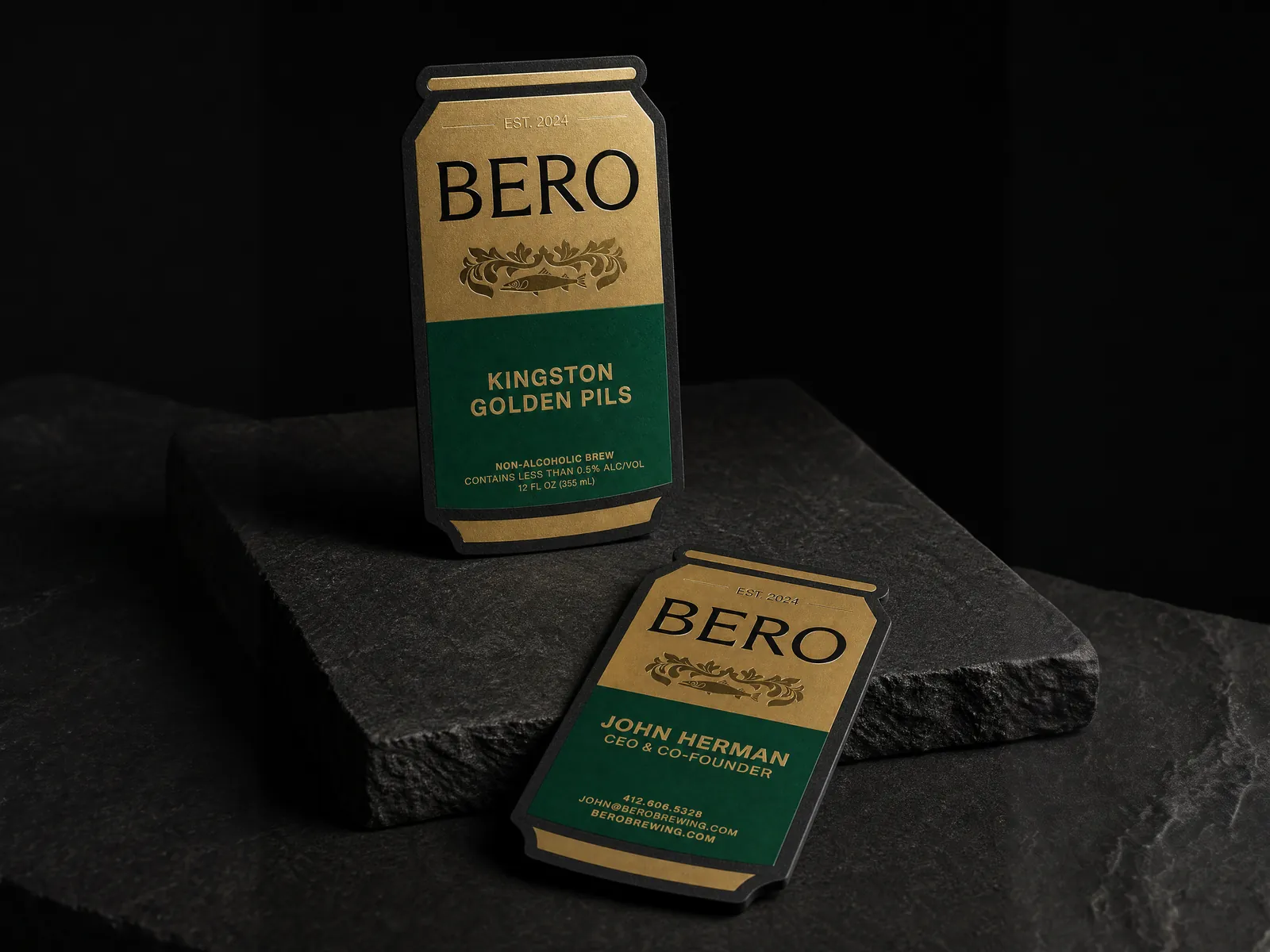 BERO Brewing business card: Can-shaped die cut, black 32pt, gold, green and clear gloss foil