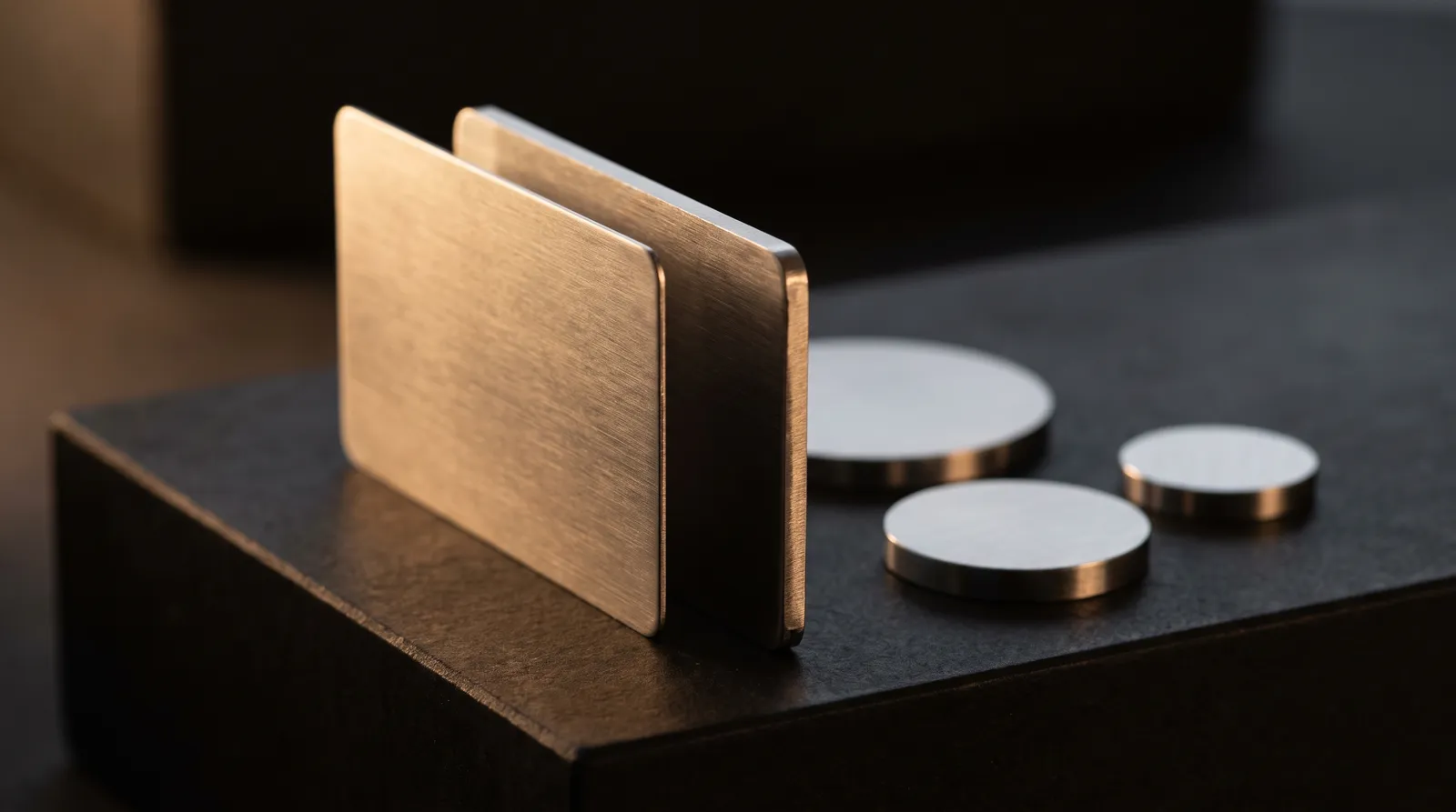 Edge profiles of a 0.5 mm and a 0.8 mm brushed stainless steel business card side by side