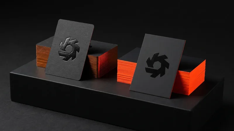 Two stacks of black business cards, one with an orange foil edge and one with a neon orange painted edge