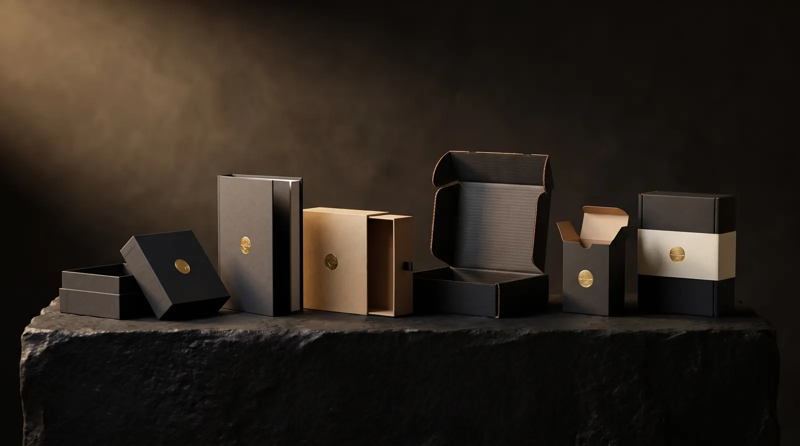 Six black and kraft box structures with matching gold foil emblem lined up on black stone plinth