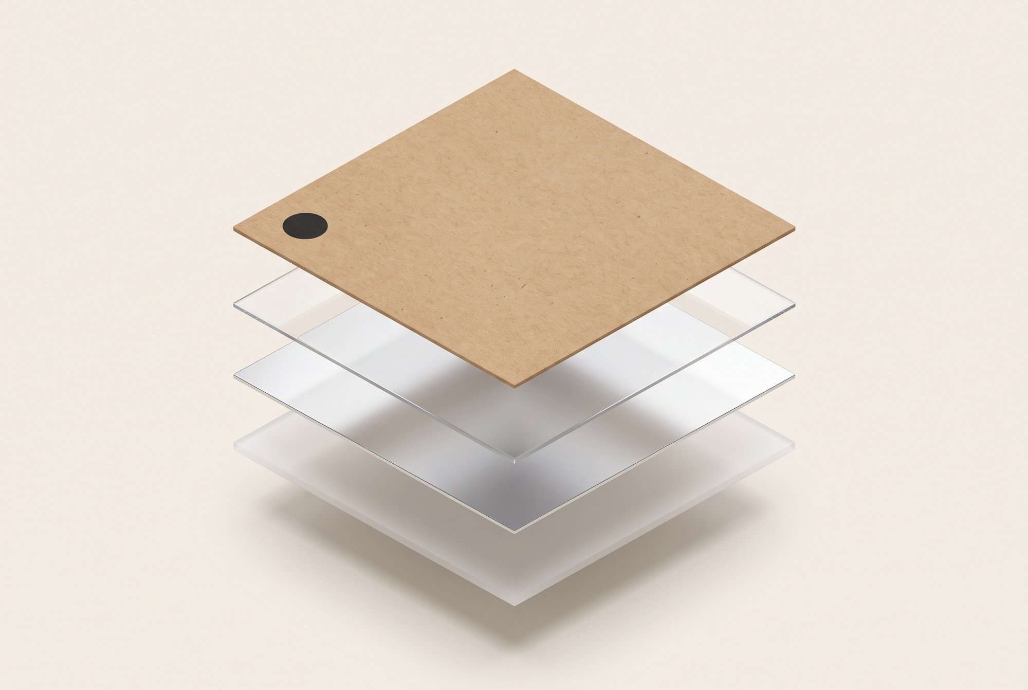 Exploded view of a coffee pouch laminate: kraft paper, clear PET, aluminium foil and a polyethylene sealant.