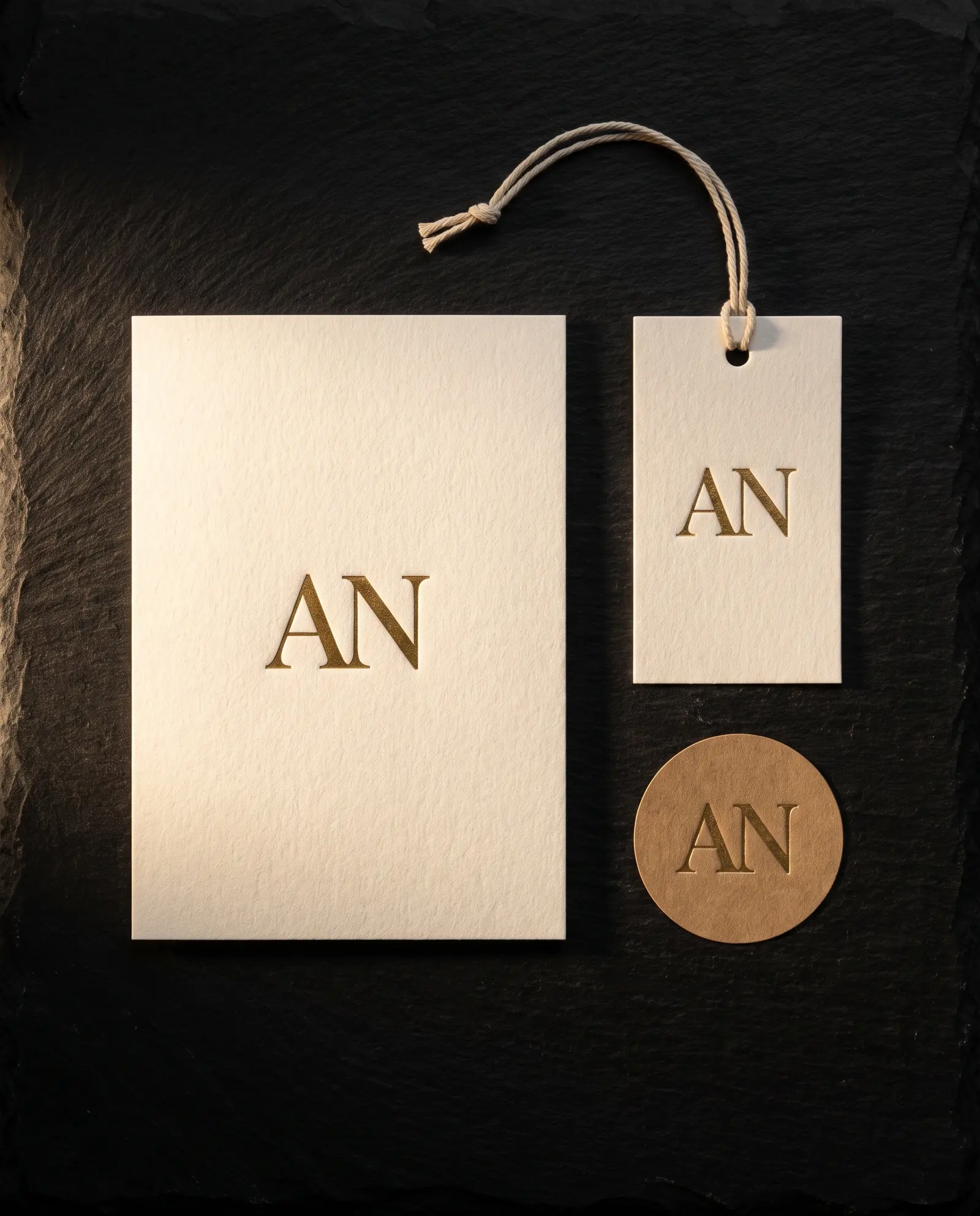 An ecru cotton insert card, matching hang tag on cotton string and kraft foil seal, all stamped in the same gold foil.