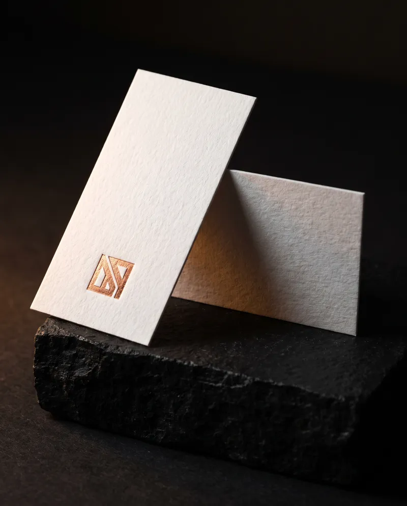 Mini business card in white 32pt cotton with a small copper foil mark pressed into the surface