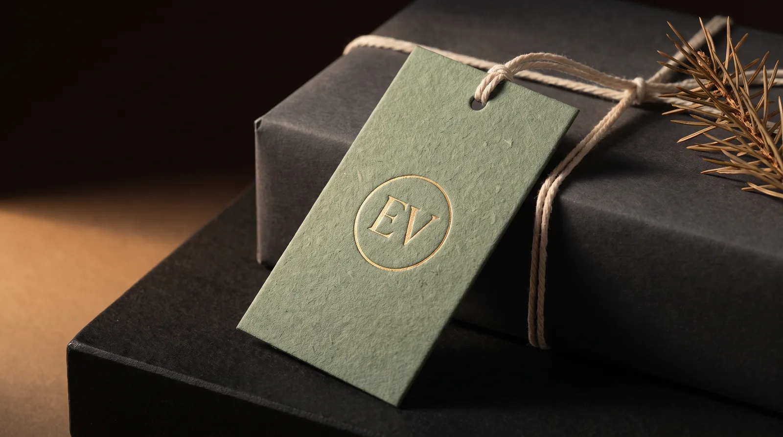 Sage cotton gift tag with a gold foil monogram, tied with cotton string to a box wrapped in charcoal paper.