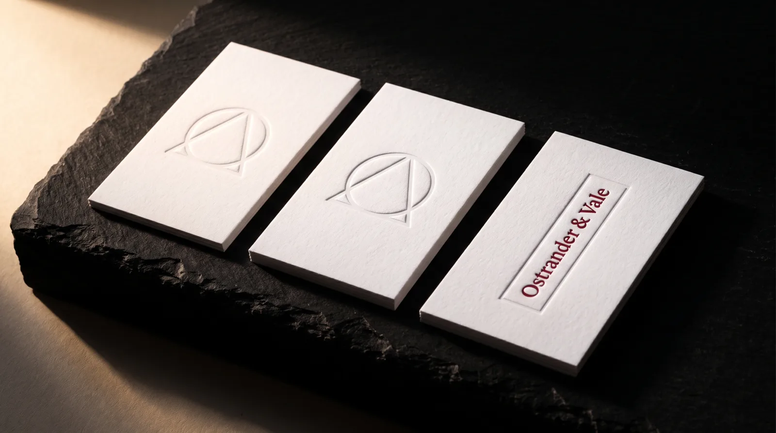 Three white cotton business cards side by side: one blind embossed, one blind debossed, one letterpress printed in deep red, under raking light