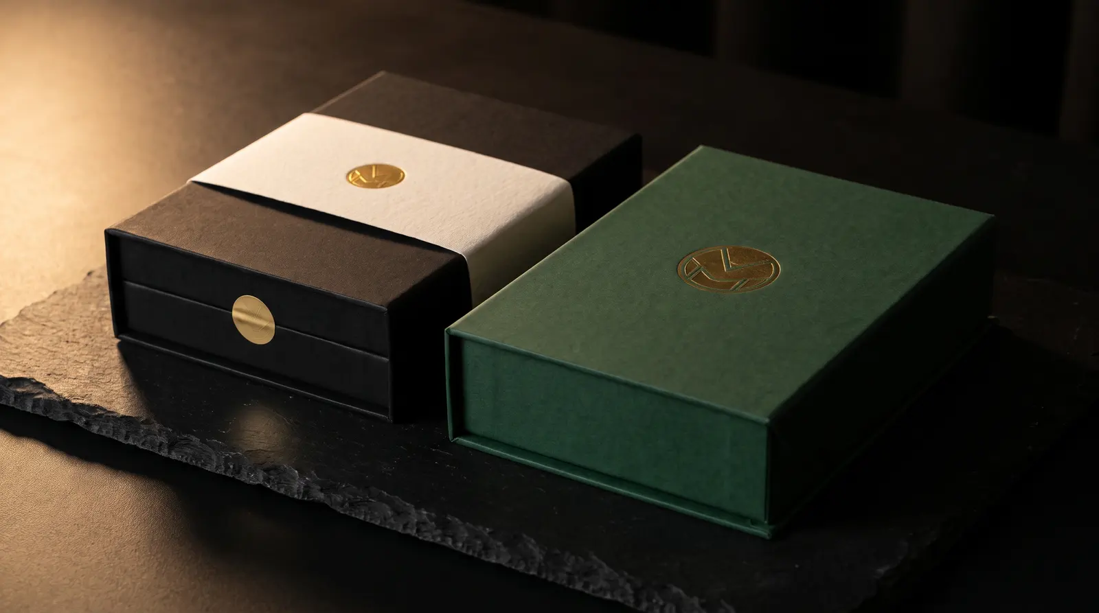 Black stock magnetic box, cream belly band, gold seal, beside green custom foiled box