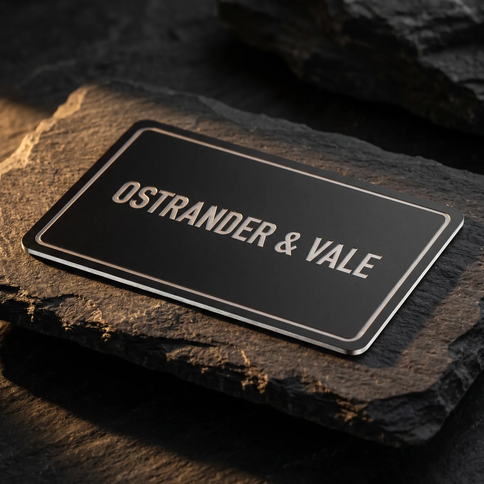 Matte black stainless steel business card with engraved bright steel wordmark and thin border
