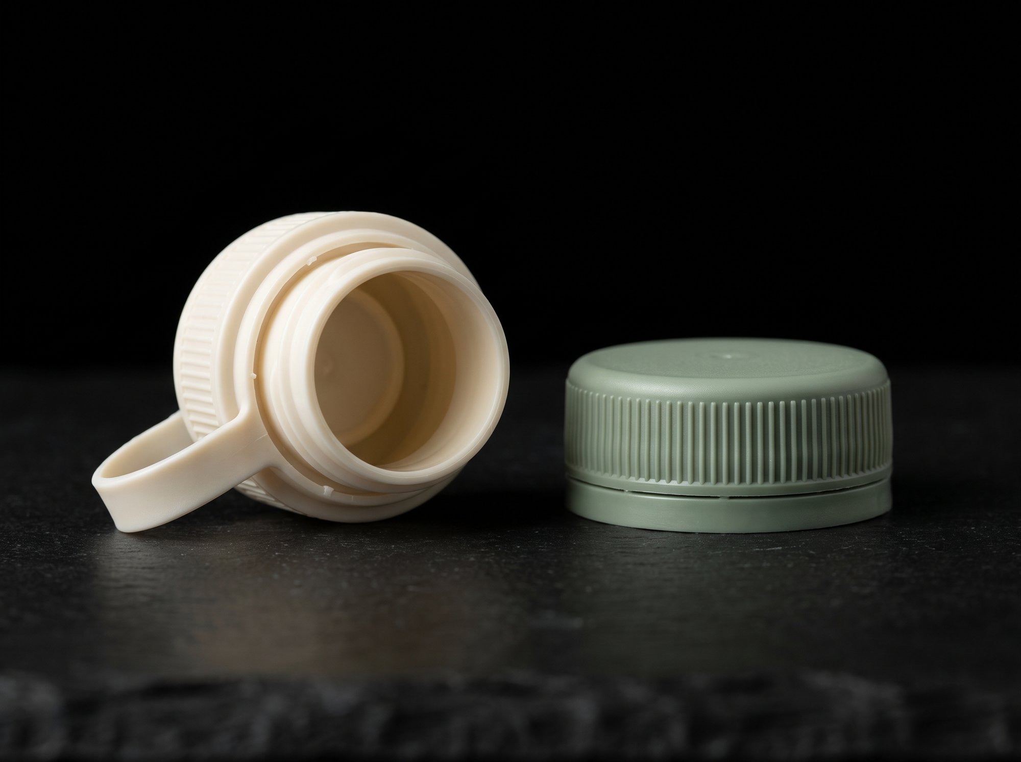 Two carton screw caps: a cream cap held open by its tether strap and a closed sage-green cap.