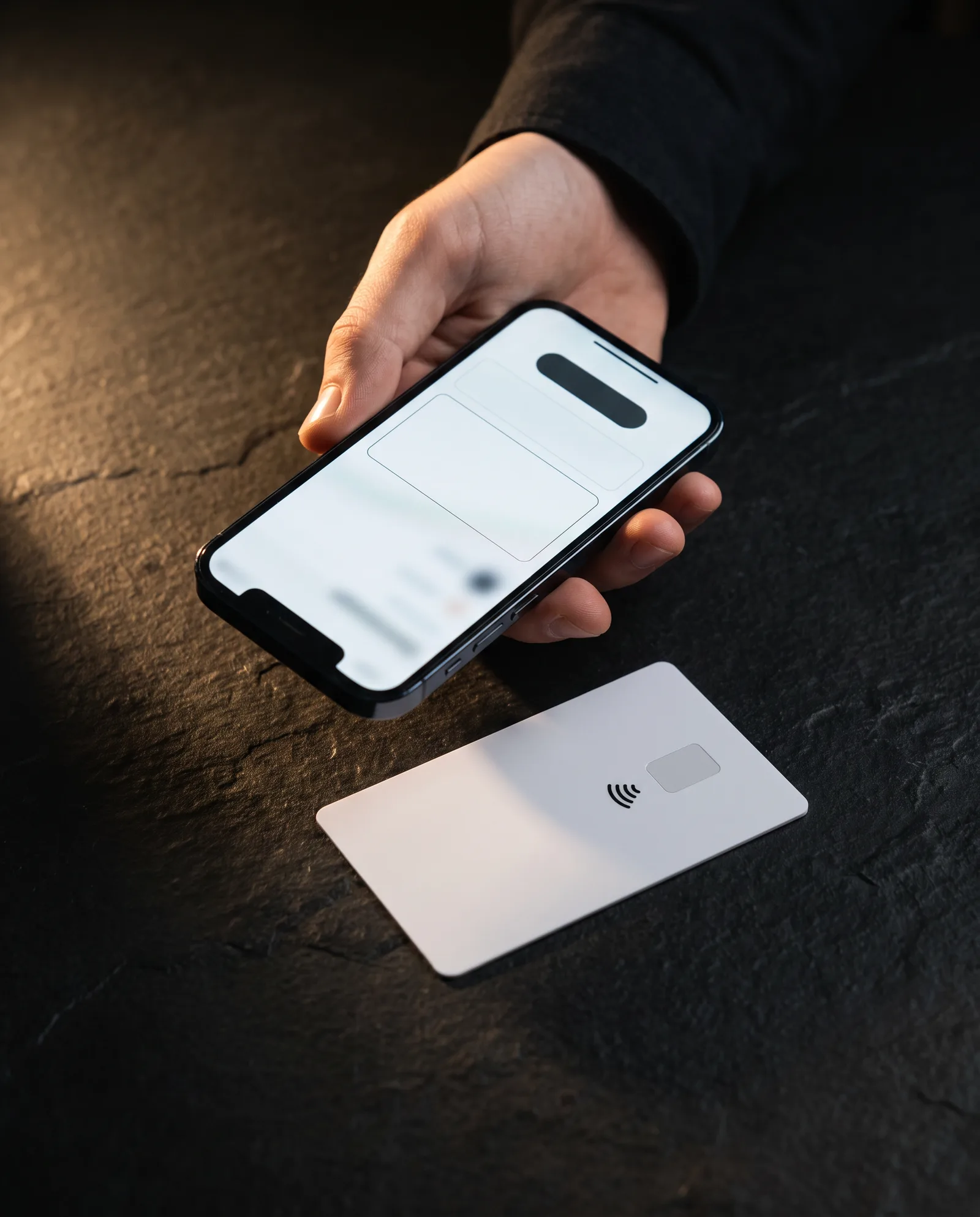 Hand holding a phone over the back of a white NFC review card, with a blank feedback form open on the screen