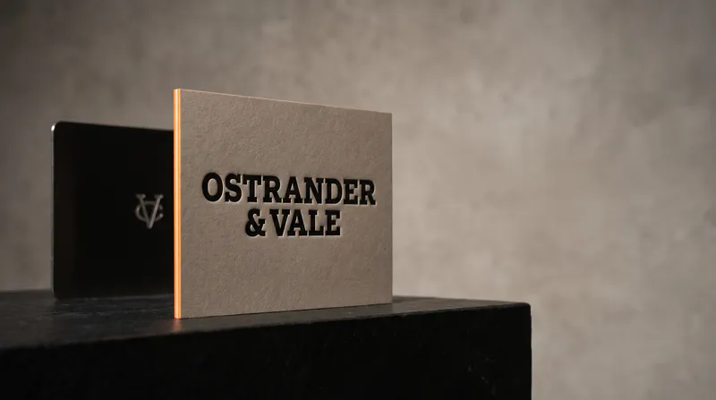 Construction business card on a black stone plinth against a concrete-grey wall: a thick grey card with a black slab-serif wordmark and a safety-orange edge, a black steel card behind it