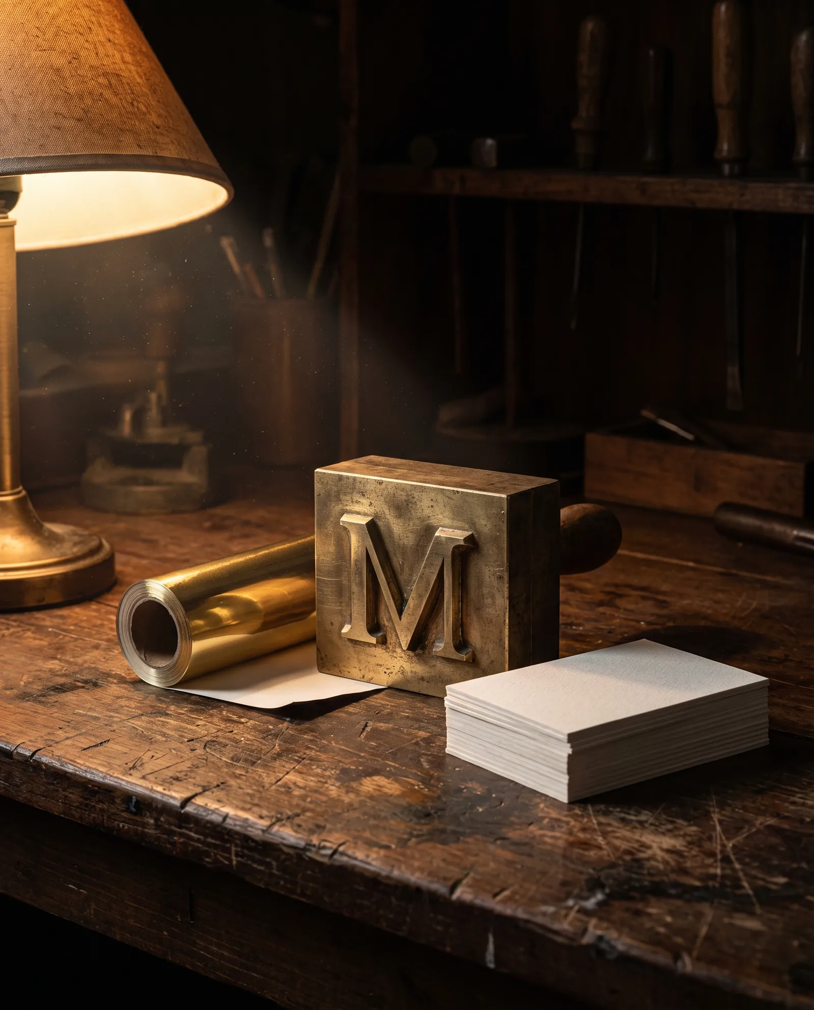 Brass embossing die block beside a roll of gold foil and blank cotton business cards