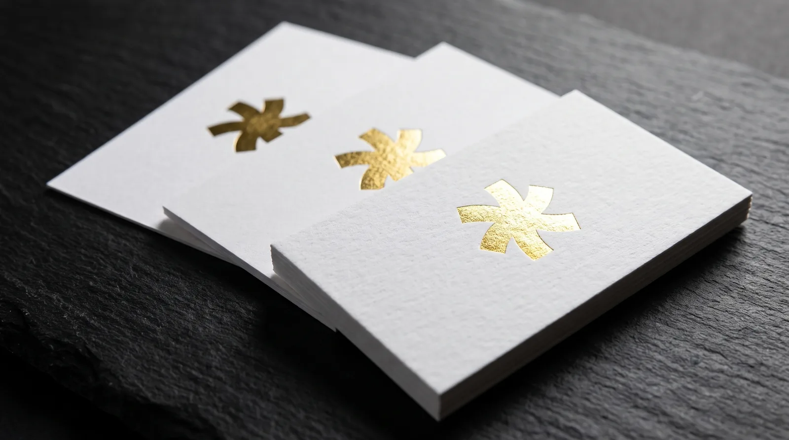 14pt, 32pt and 48pt white cotton business cards fanned, each with a gold foil pinwheel catching a low neutral light