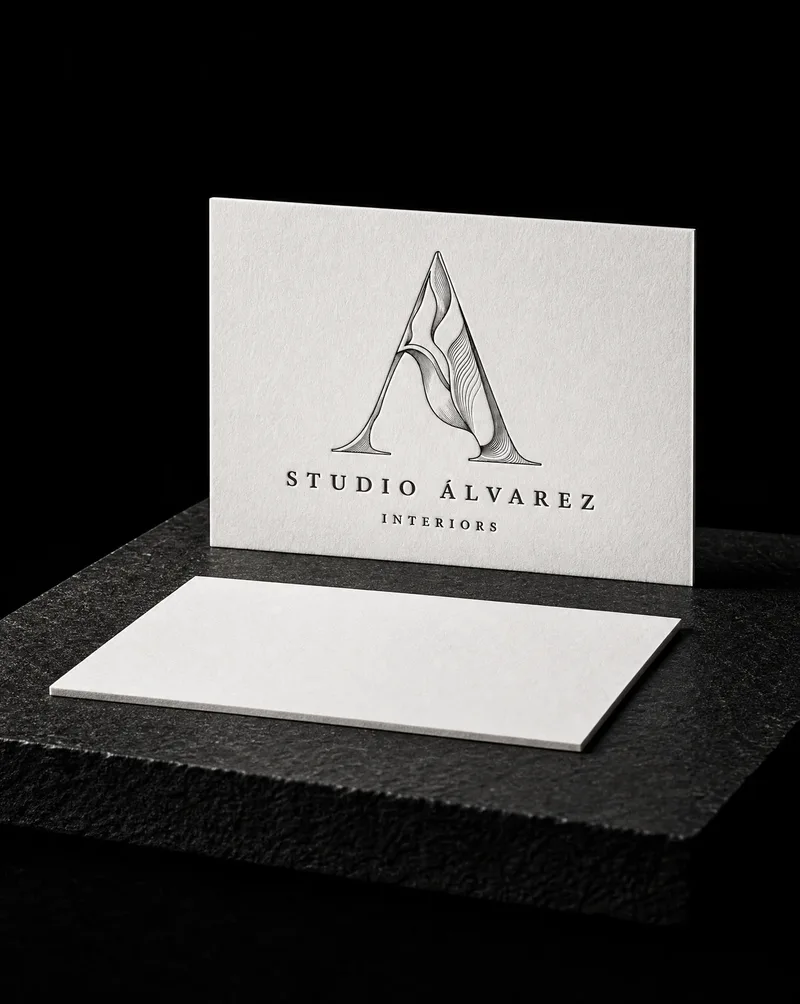 Business card with a stone letter A drawn in single-ink relief lines