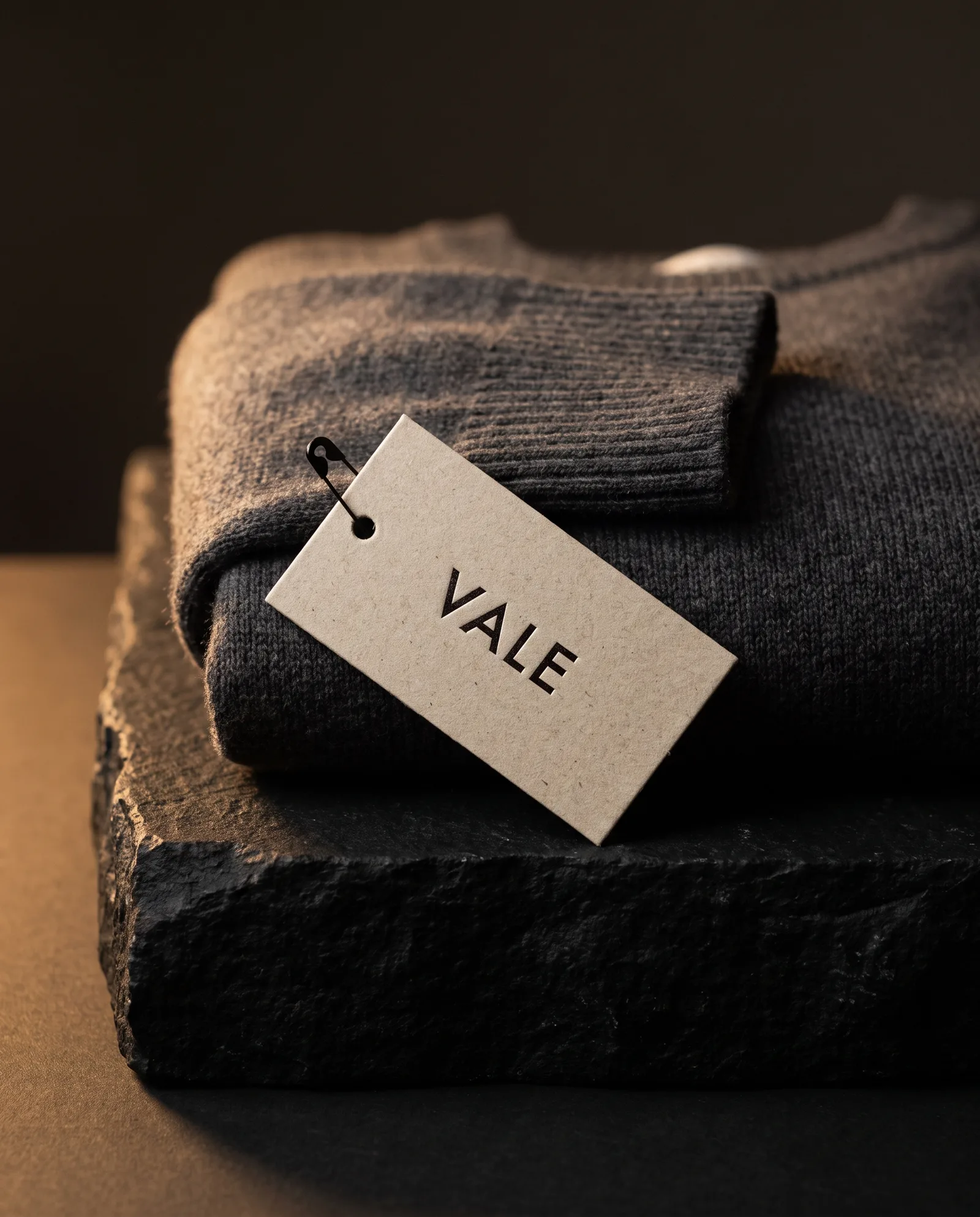Natural cotton tag with a black foil wordmark pinned to the cuff of a folded wool sweater with a black safety pin.