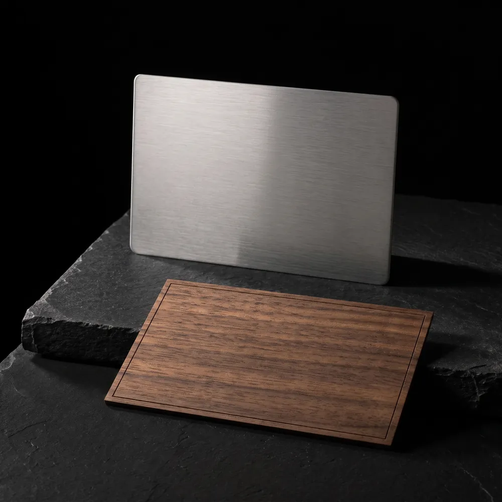 Brushed stainless steel and walnut wood business cards