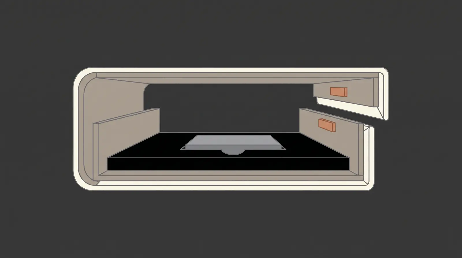 Cross-section diagram of magnetic box: wrapped chipboard walls, hinged cover, hidden magnets, tray