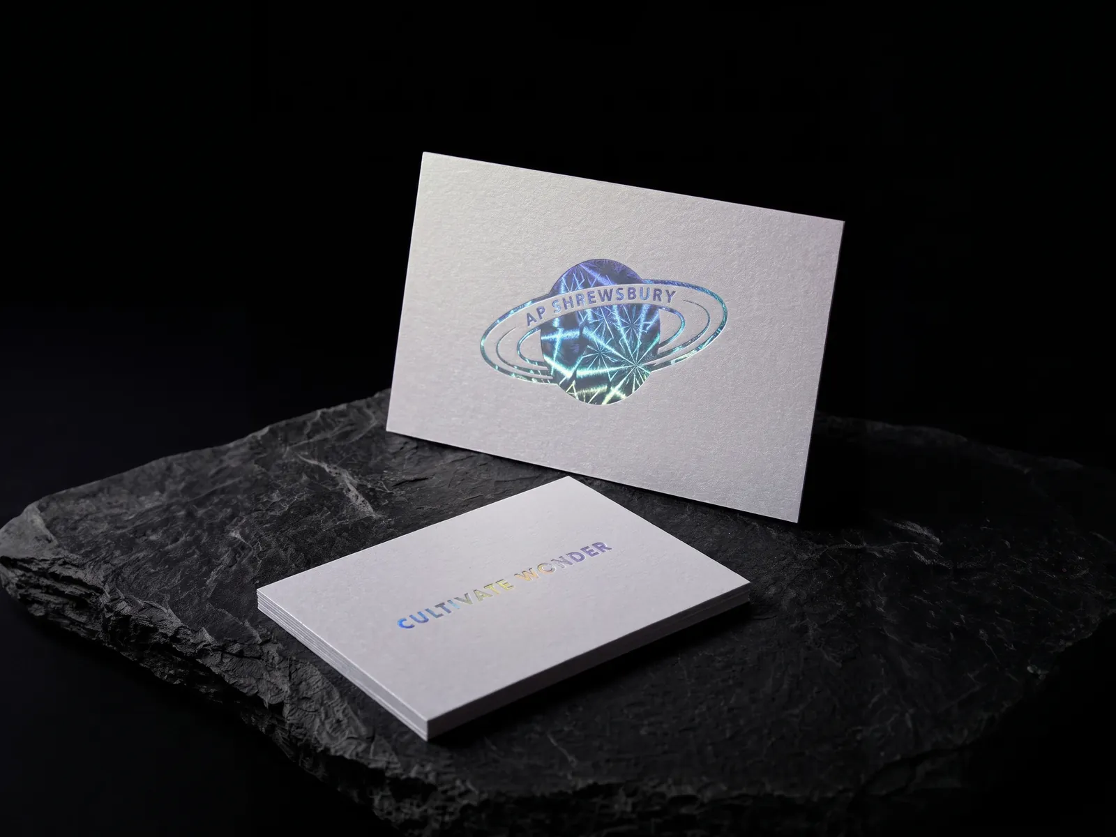 AP Shrewsbury business card: Holographic foil on pearlescent shimmer stock