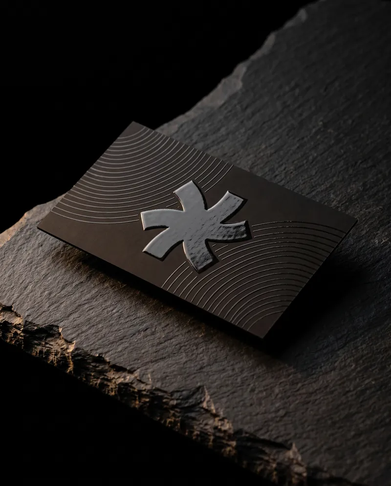 Black soft touch business card with the Print Peppermint mark in raised clear spot UV
