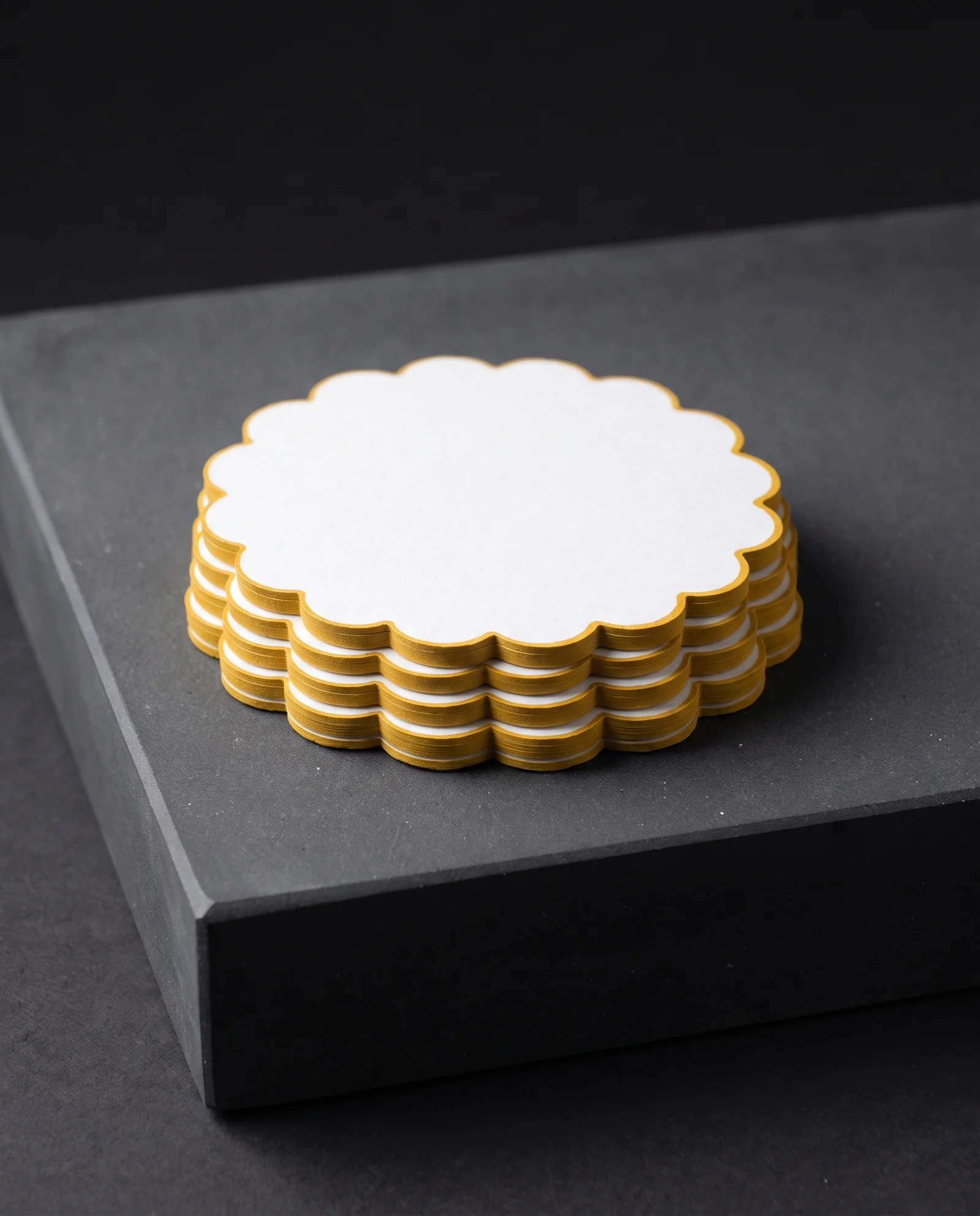 Scalloped die-cut cards with a mustard painted edge.