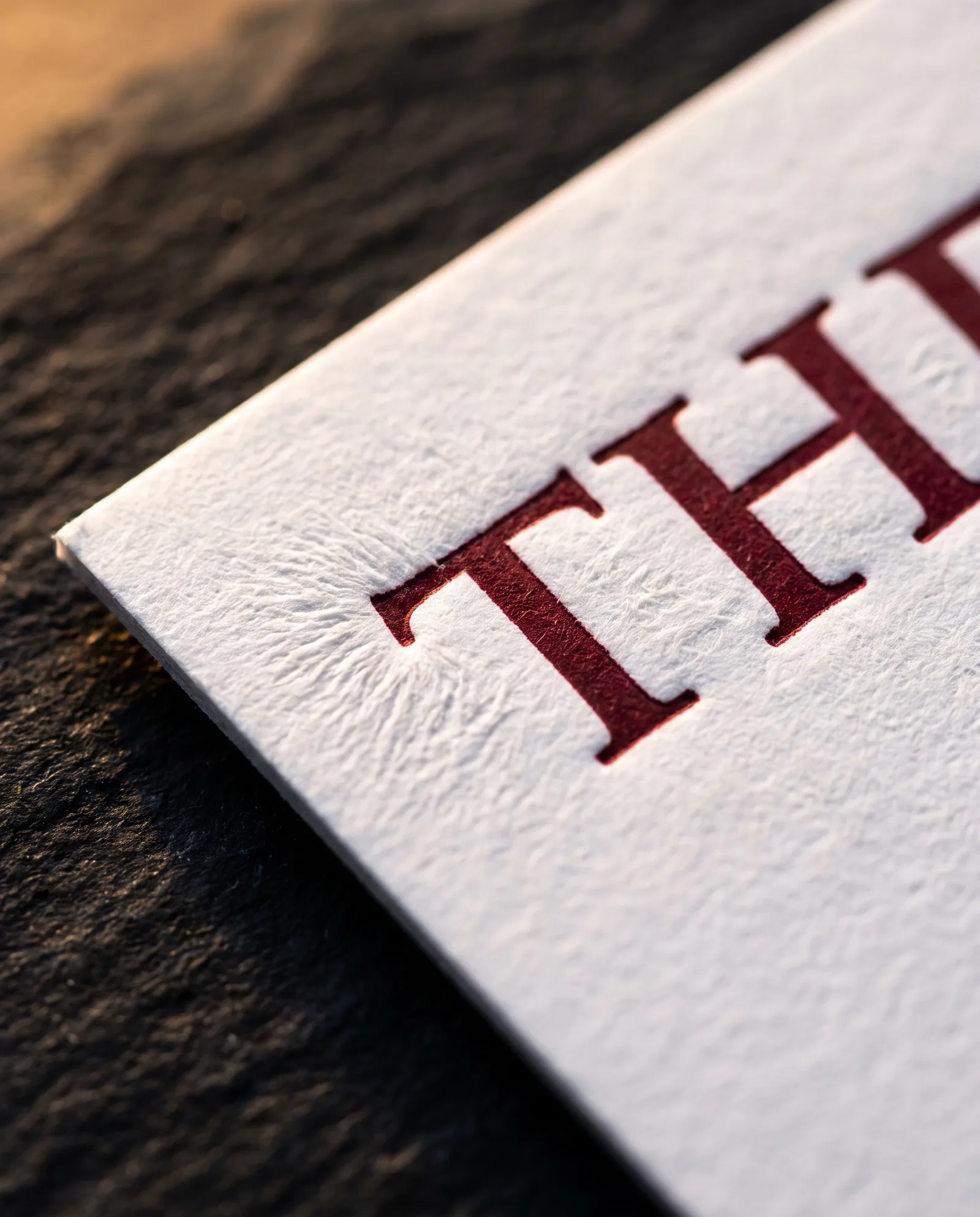 Macro of deep red letterpress serif type pressed into white cotton business card, warm raking light