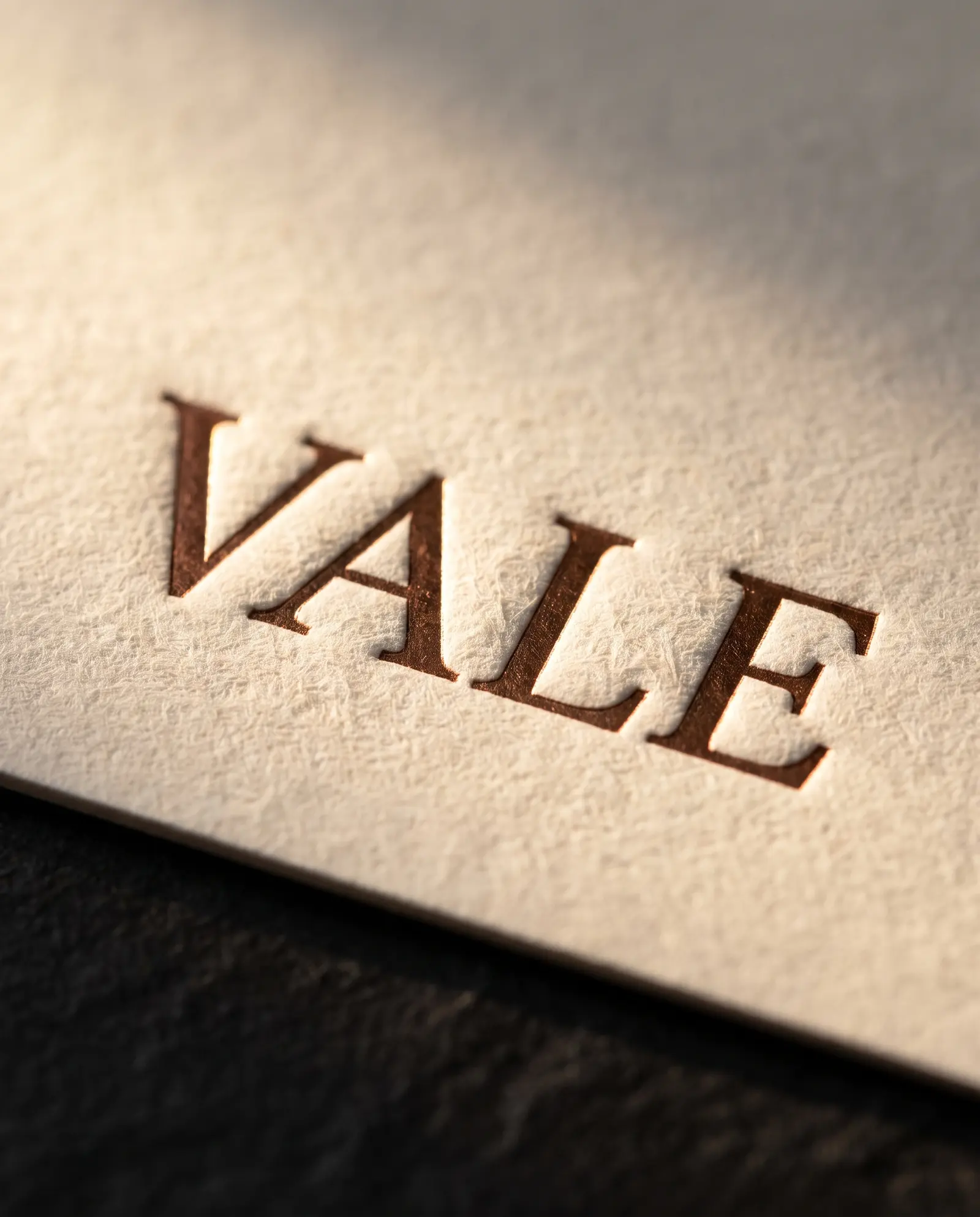Close-up of a copper foil wordmark pressed into cream cotton, paper fibers visible right up to the foil edge.