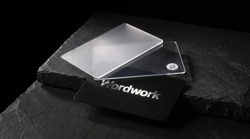 Frosted, clear and black plastic business cards fanned on slate