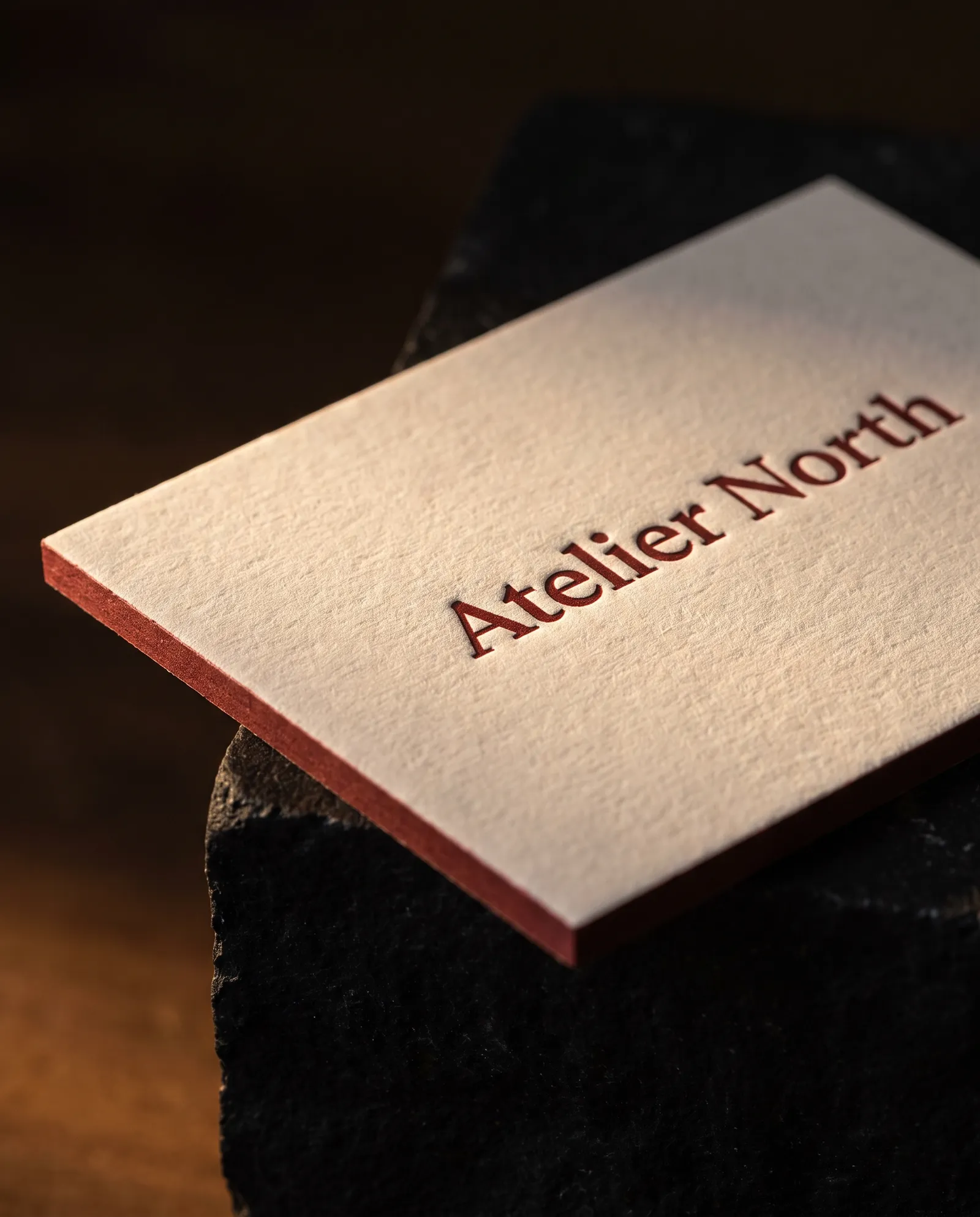 Letterpress business card with one oxblood ink and a matching oxblood painted edge on 48pt cotton