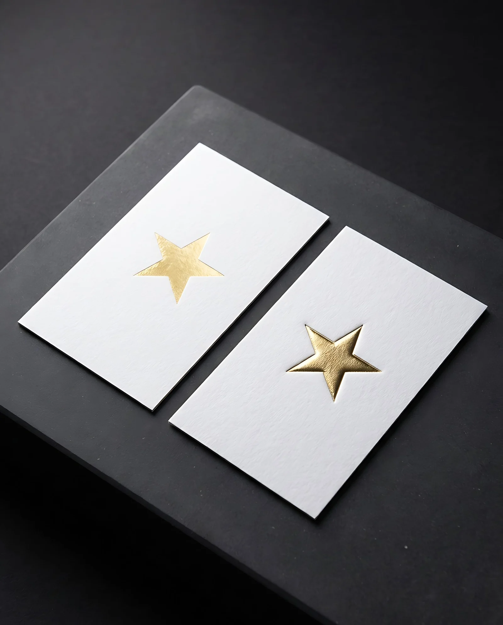 Flat gold foil beside the same mark foil-embossed above the sheet.