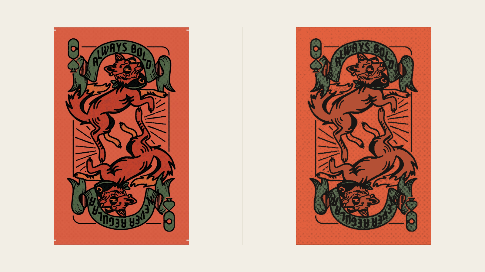 Clover: Five colours + halftone compared with Three spot plates