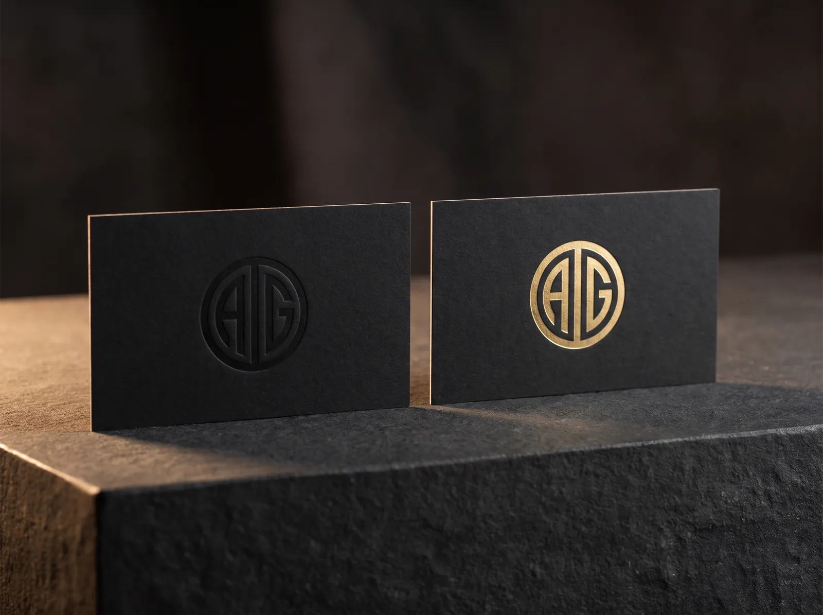 Black embossed business card: a blind debossed monogram beside the same monogram debossed with gold foil