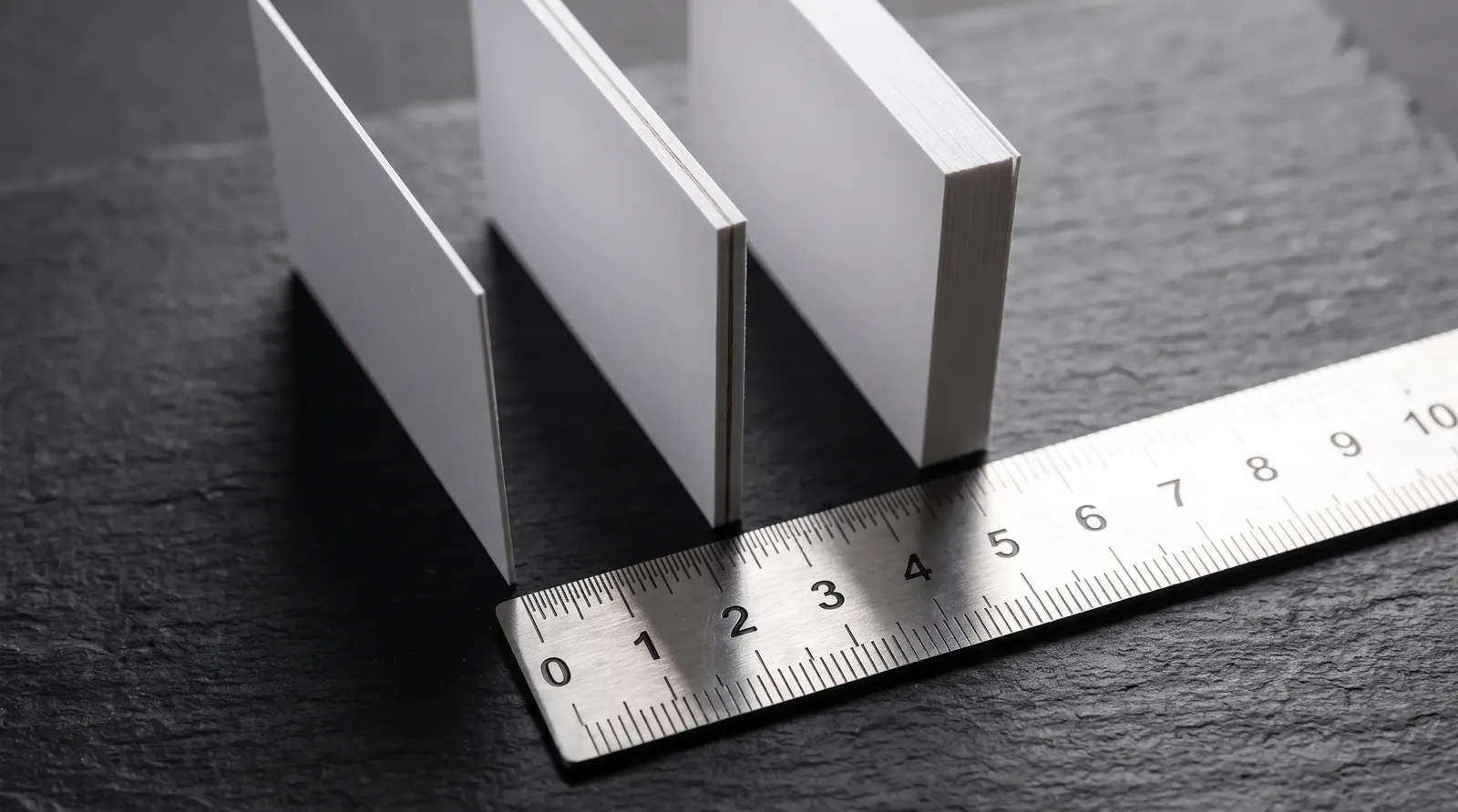 Edges of 14pt, 32pt and 48pt white cotton business cards standing on edge against a steel ruler's millimetre ticks