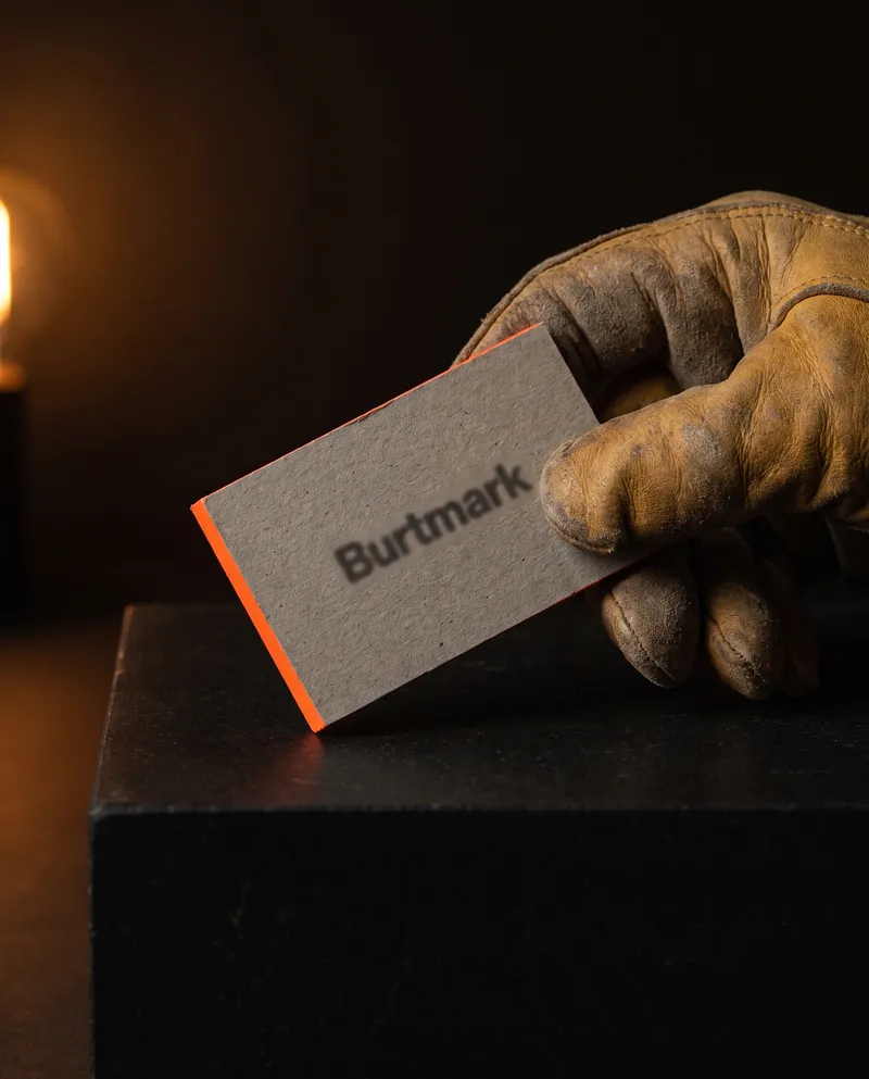 Worn leather work glove holding a grey business card with an orange painted edge