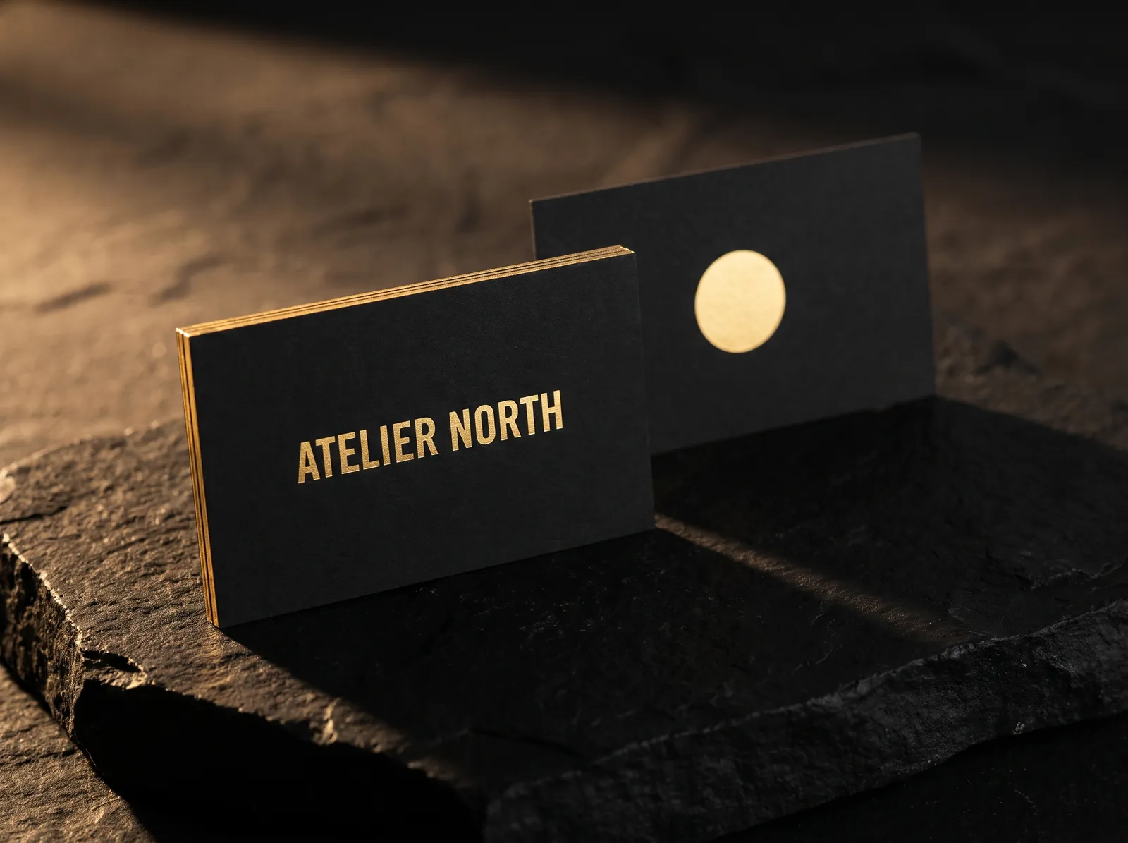 Black business card with gold foil on both sides and gold foiled edges, square corners