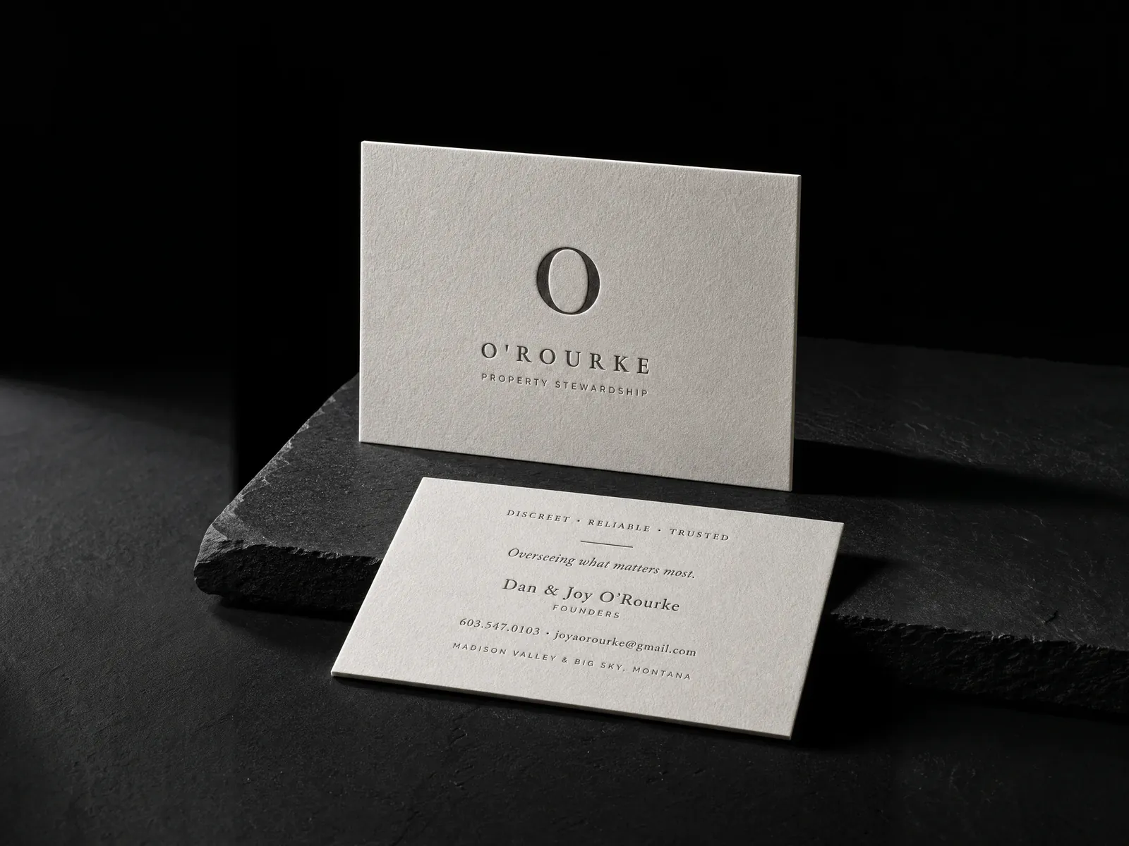 O'Rourke Property Stewardship business card: One PMS black letterpress, both sides, on duplexed cotton