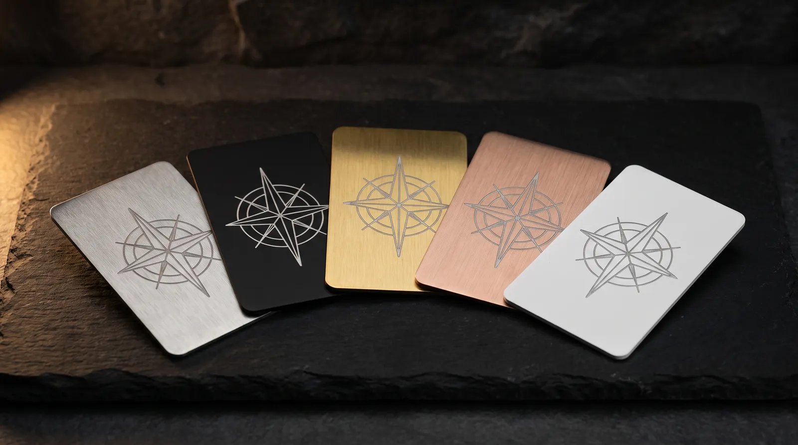 Silver, black, gold, rose gold and white stainless steel business cards fanned on slate