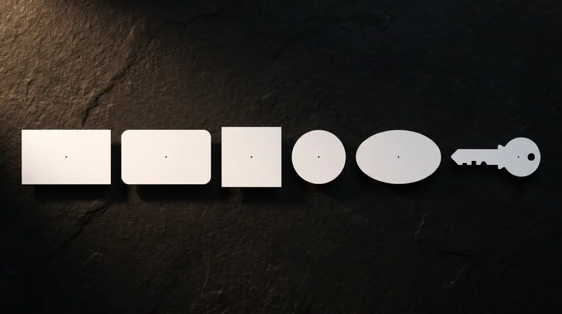 Six white business cards in different shapes on black stone: rectangle, rounded, square, circle, oval, key