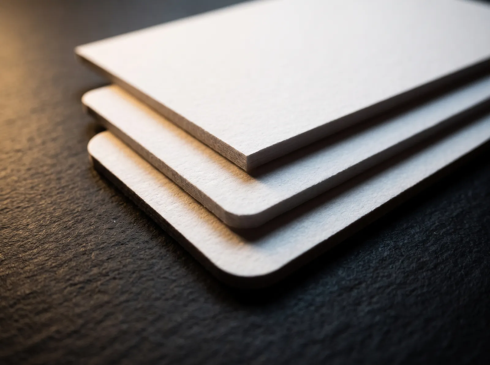 Macro of three thick white cotton business cards showing square, small and large rounded corners