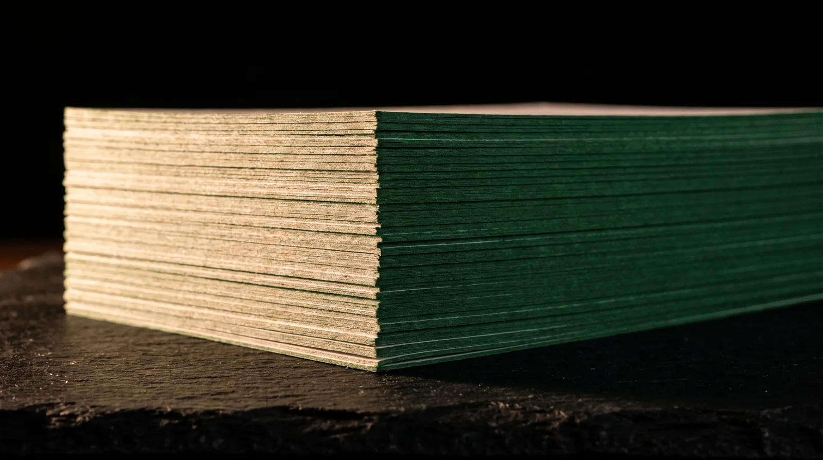 Stack of 5x7 holiday cards seen edge-on, every card showing a forest-green painted edge.