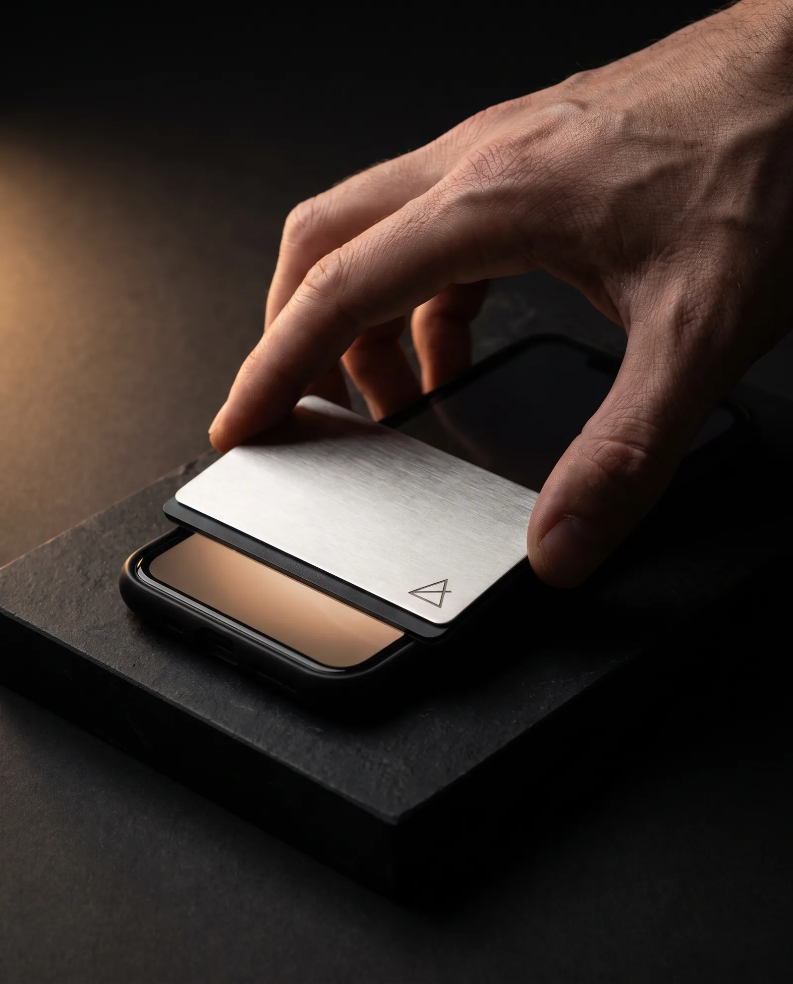Phone tapping the printed back of a stainless steel NFC business card